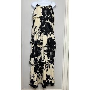 Old Navy Y2K Tiered Maxi Dress M Floral Black Cream‎ Feminine Millennial Event